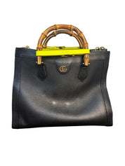Gucci Diana Medium Black Leather Tote Bag with Bamboo Handle and Neon Yellow