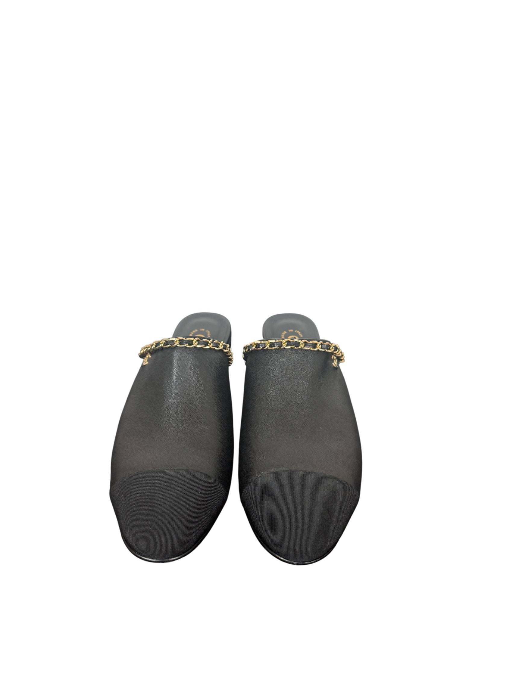 Chanel Black Leather Mules with Gold Chain and CC Logo