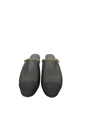 Chanel Black Leather Mules with Gold Chain and CC Logo