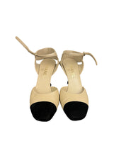 Chanel Beige & Black Leather Cap-Toe Slingback Heels with Gold Logo