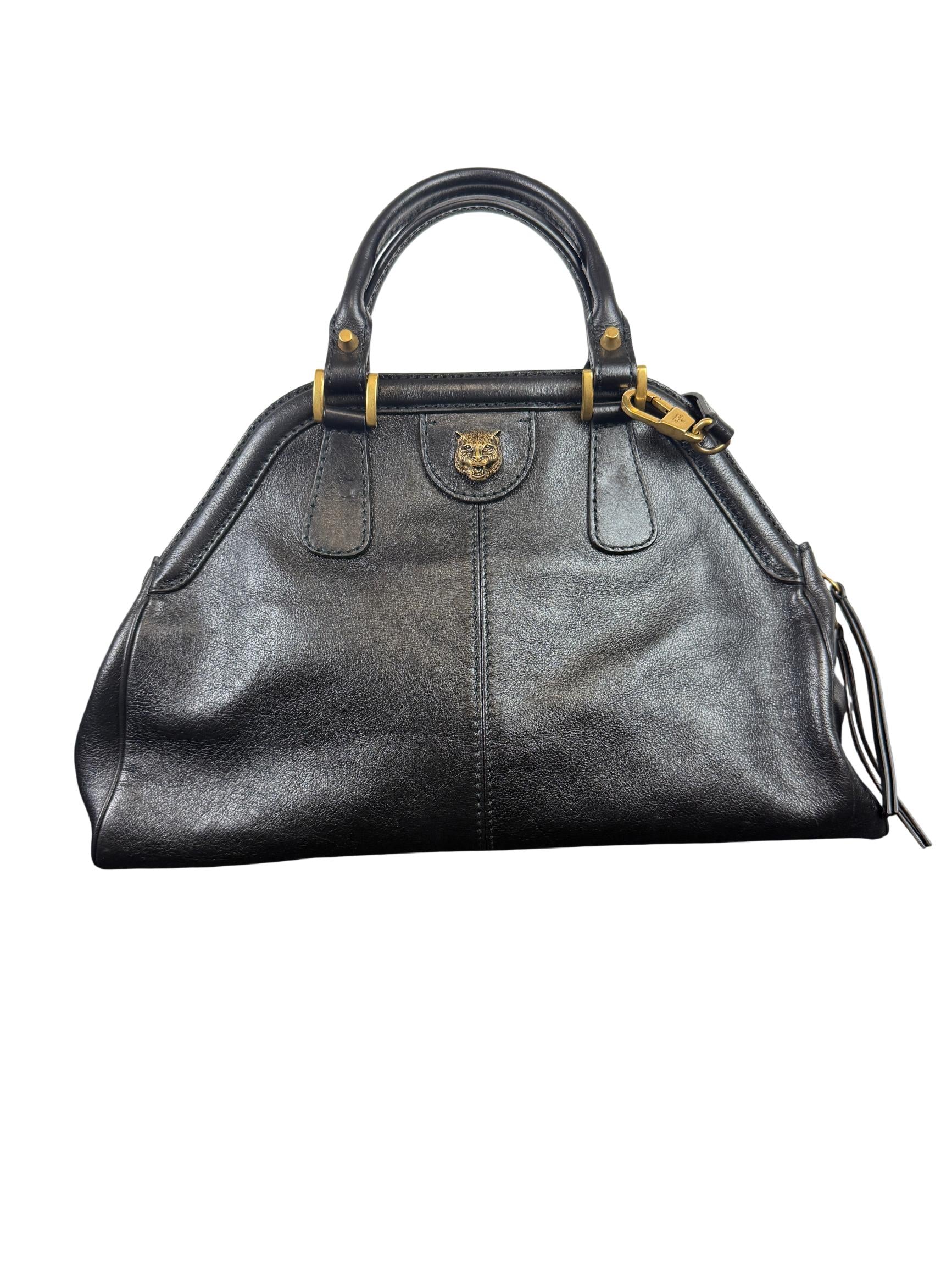 Gucci Re Belle Medium Top Handle Bag Black Leather with Gold Tiger Head Hardware
