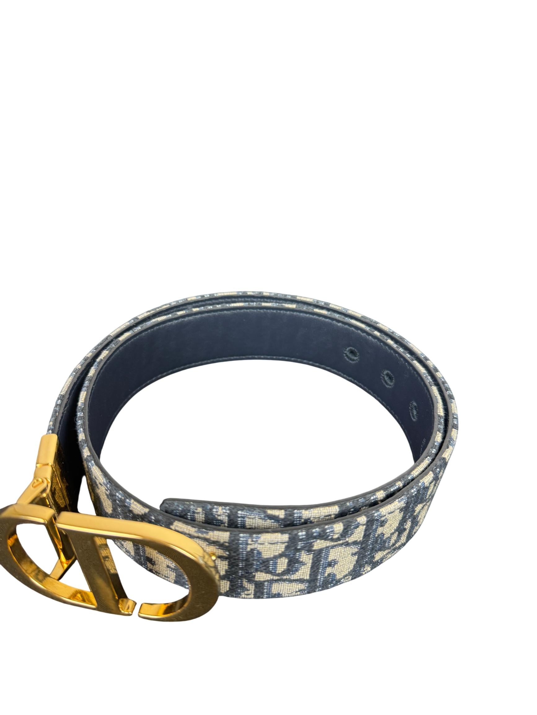 Christian Dior Oblique 35mm Reversible Belt Blue Jacquard with Gold Buckle