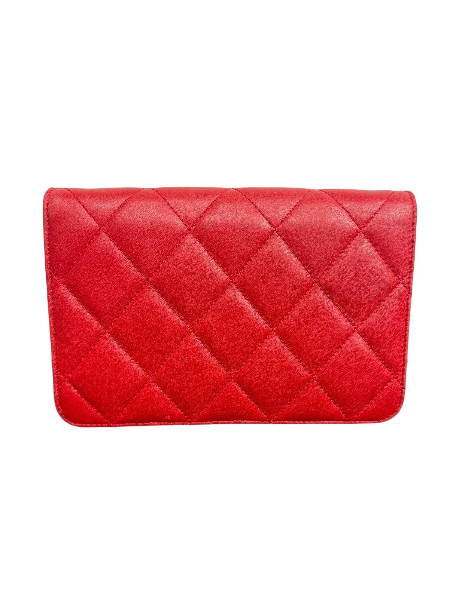 Chanel Quilted Red Lambskin Wallet On Chain