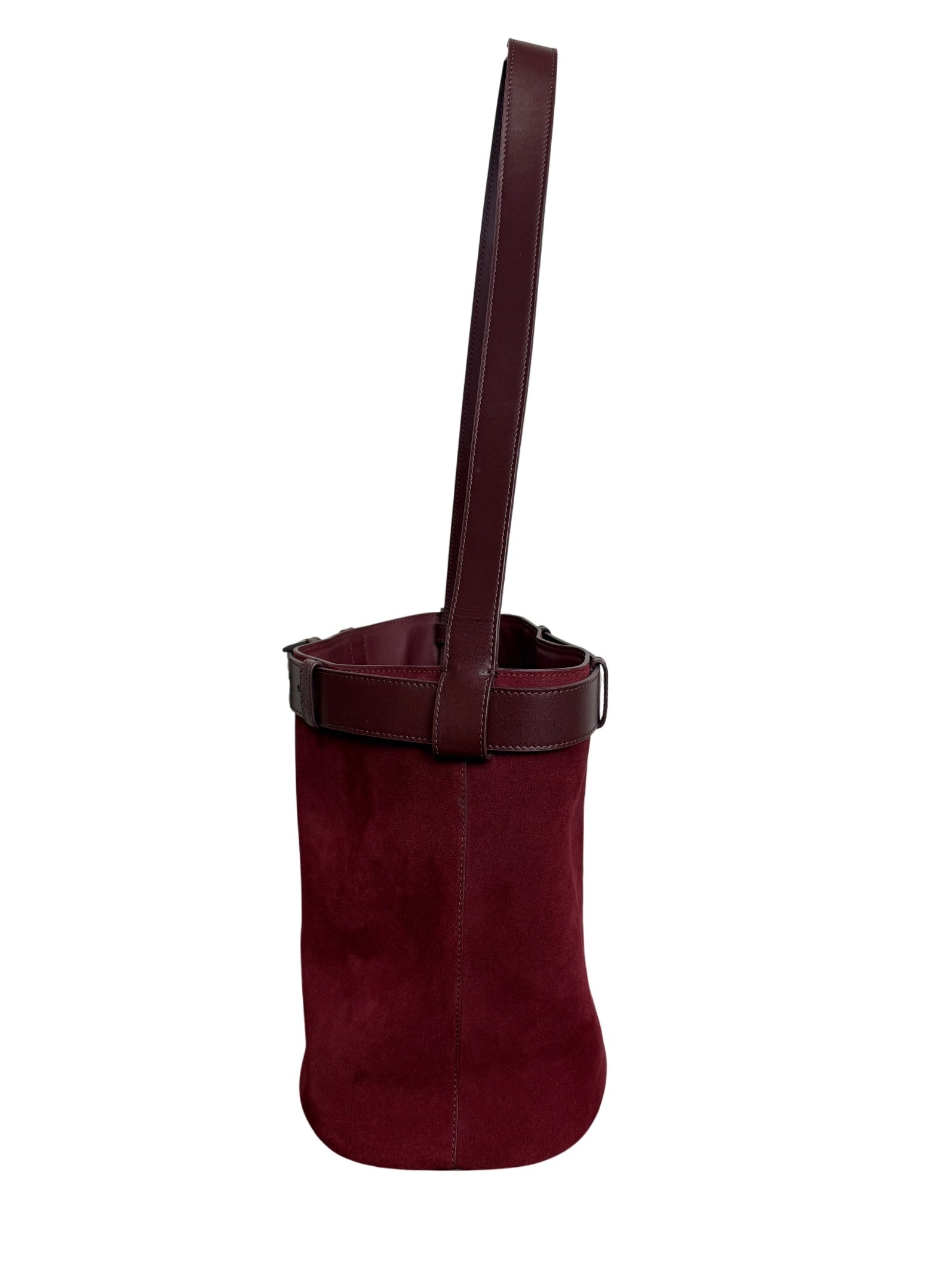 Prada Burgundy Suede Belted Bucket Bag