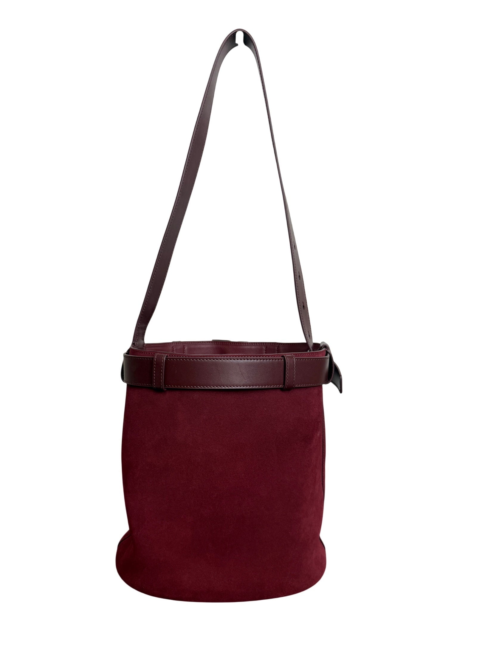 Prada Burgundy Suede Belted Bucket Bag