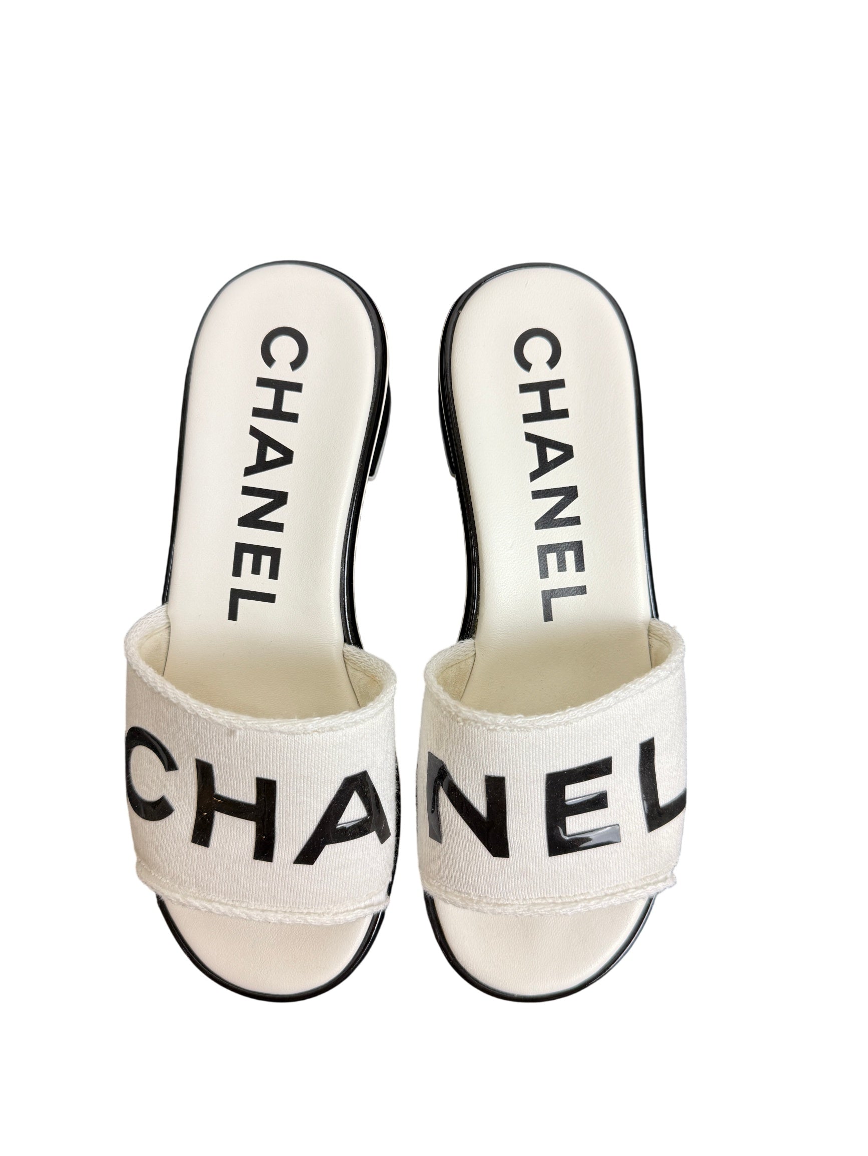 Chanel 24C White & Black Logo Mule Slide Sandals
