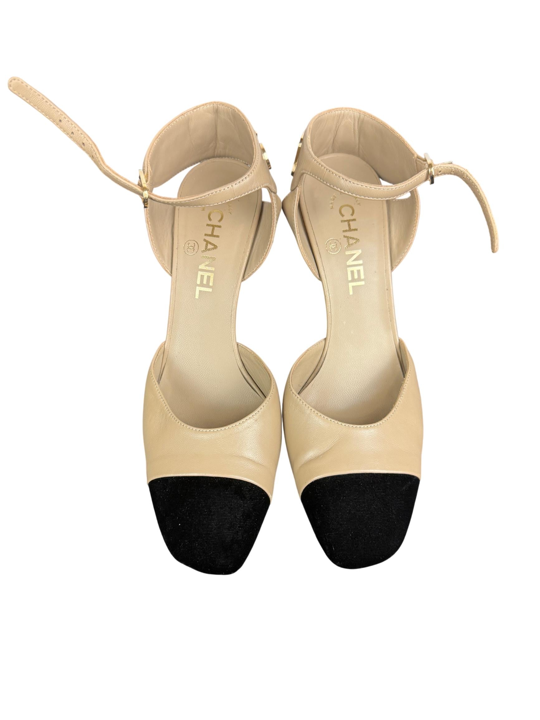 Chanel Beige & Black Leather Cap-Toe Slingback Heels with Gold Logo