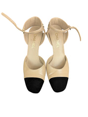 Chanel Beige & Black Leather Cap-Toe Slingback Heels with Gold Logo
