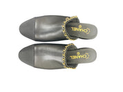 Chanel Black Leather Mules with Gold Chain and CC Logo