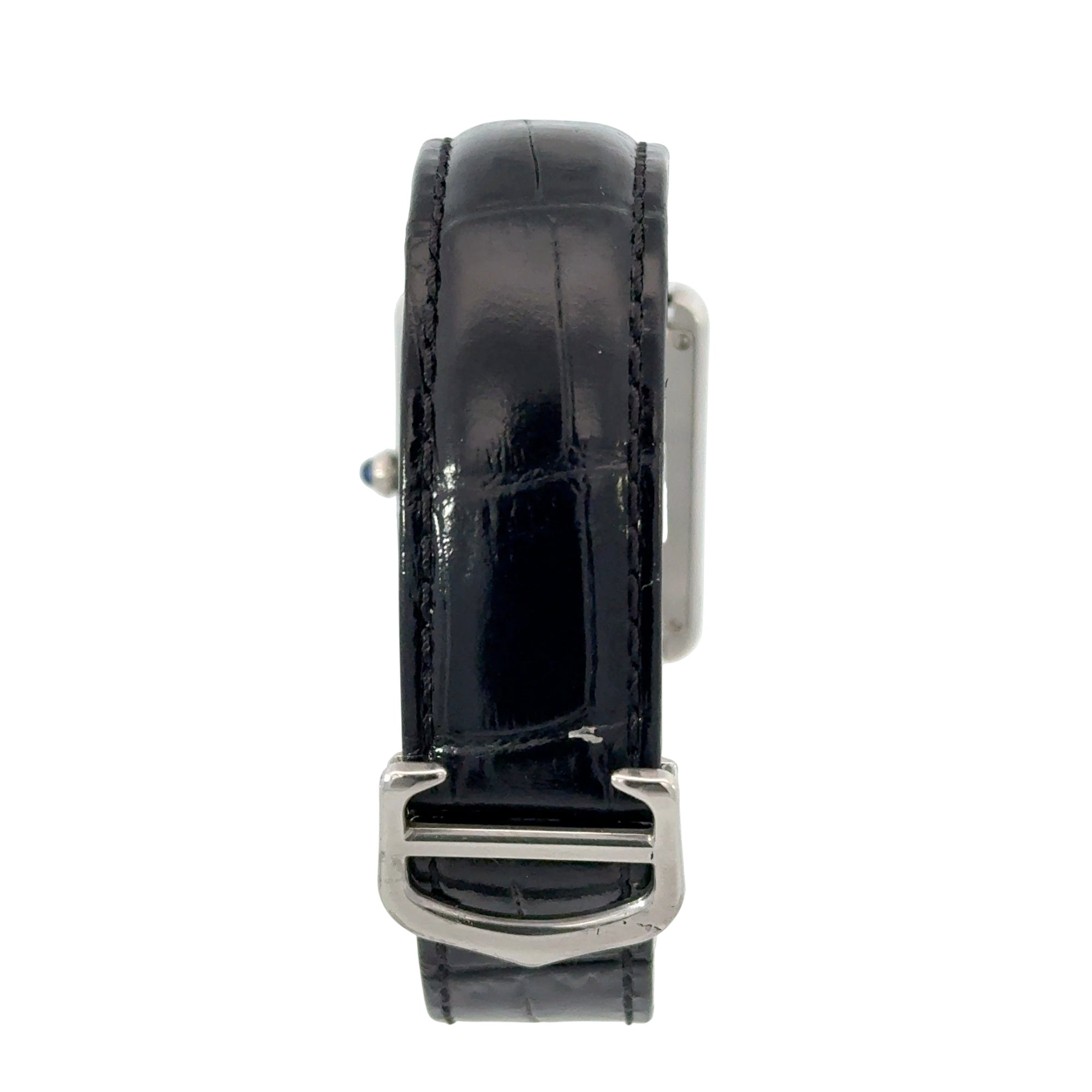 Cartier Tank Must Black Leather Strap Roman Numeral Watch Silver White Dial