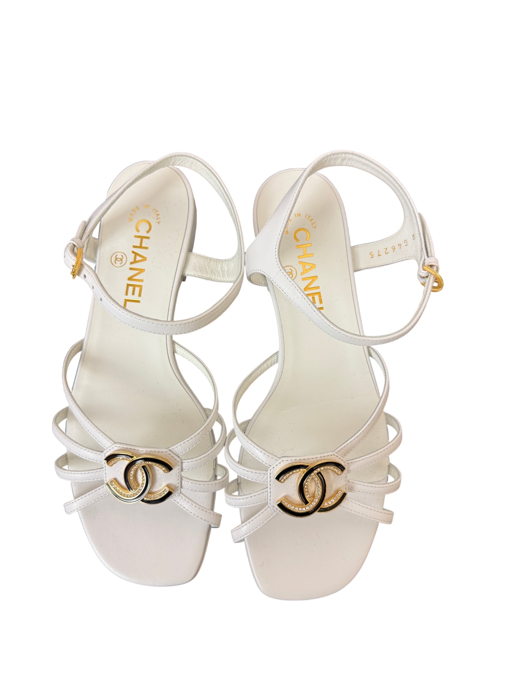 Chanel White Lambskin Crystal CC Sandals