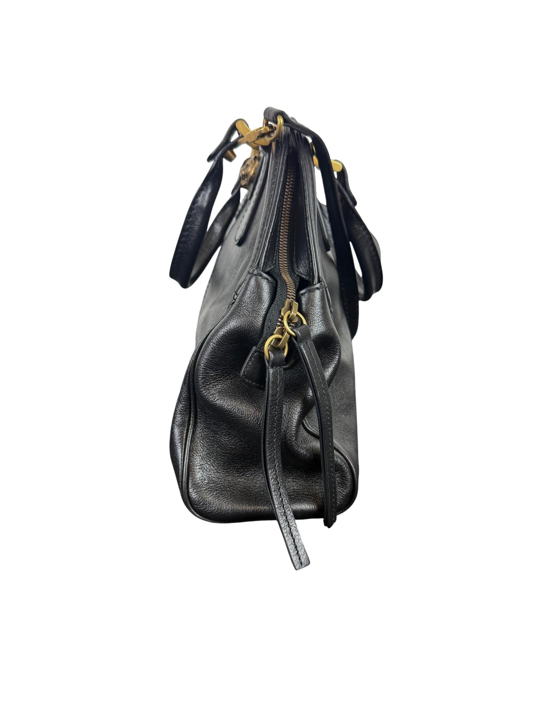 Gucci Re Belle Medium Top Handle Bag Black Leather with Gold Tiger Head Hardware