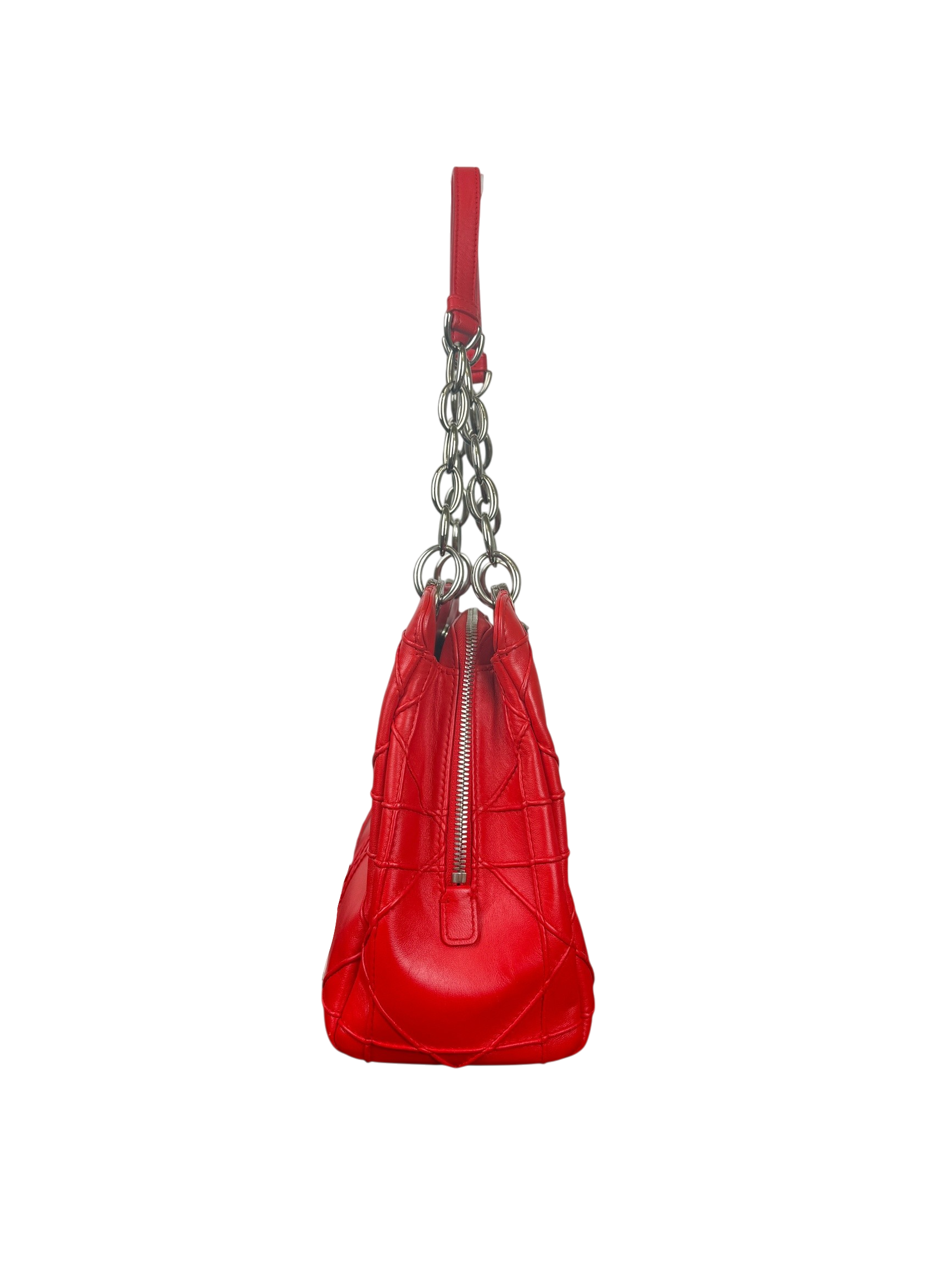 Dior Granville Red Cannage Quilted Leather Bag with Silver Chain Handle