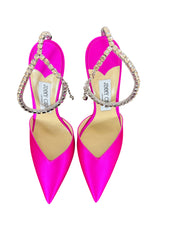 Jimmy Choo Saeda 100 Fuchsia Pink Satin Crystal Embellished Pointed Toe Heels