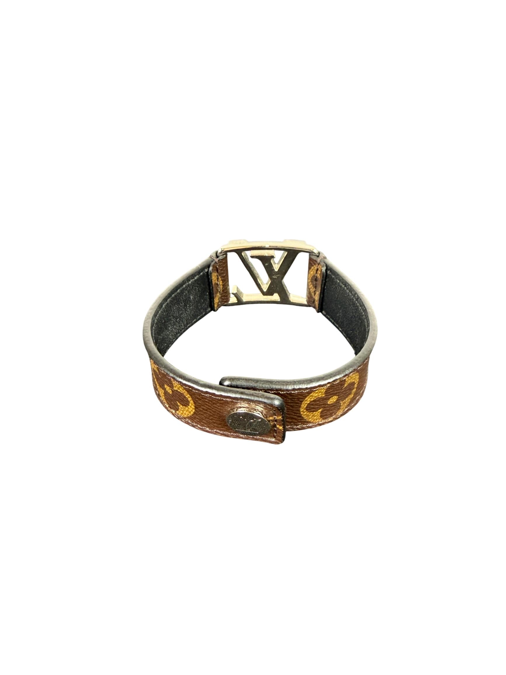 Louis Vuitton Slim Monogram Brown Bracelet with Metal LV Buckle