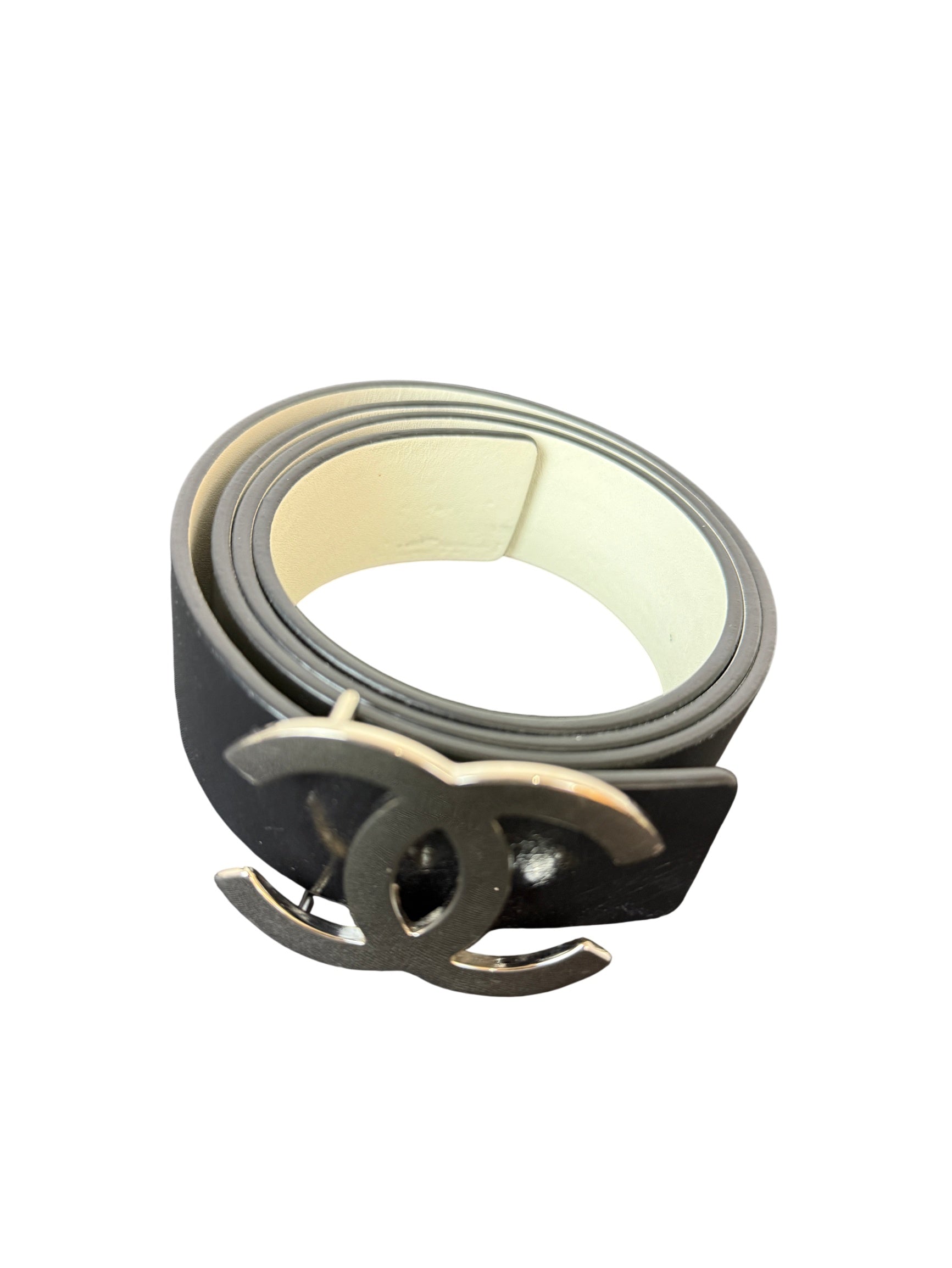 Chanel Black Leather Reversible CC Logo Silver Buckle Belt