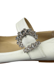 Jimmy Choo Cheri Flat Milk Leather Mary Jane Shoes with Crystal Buckle Size 39
