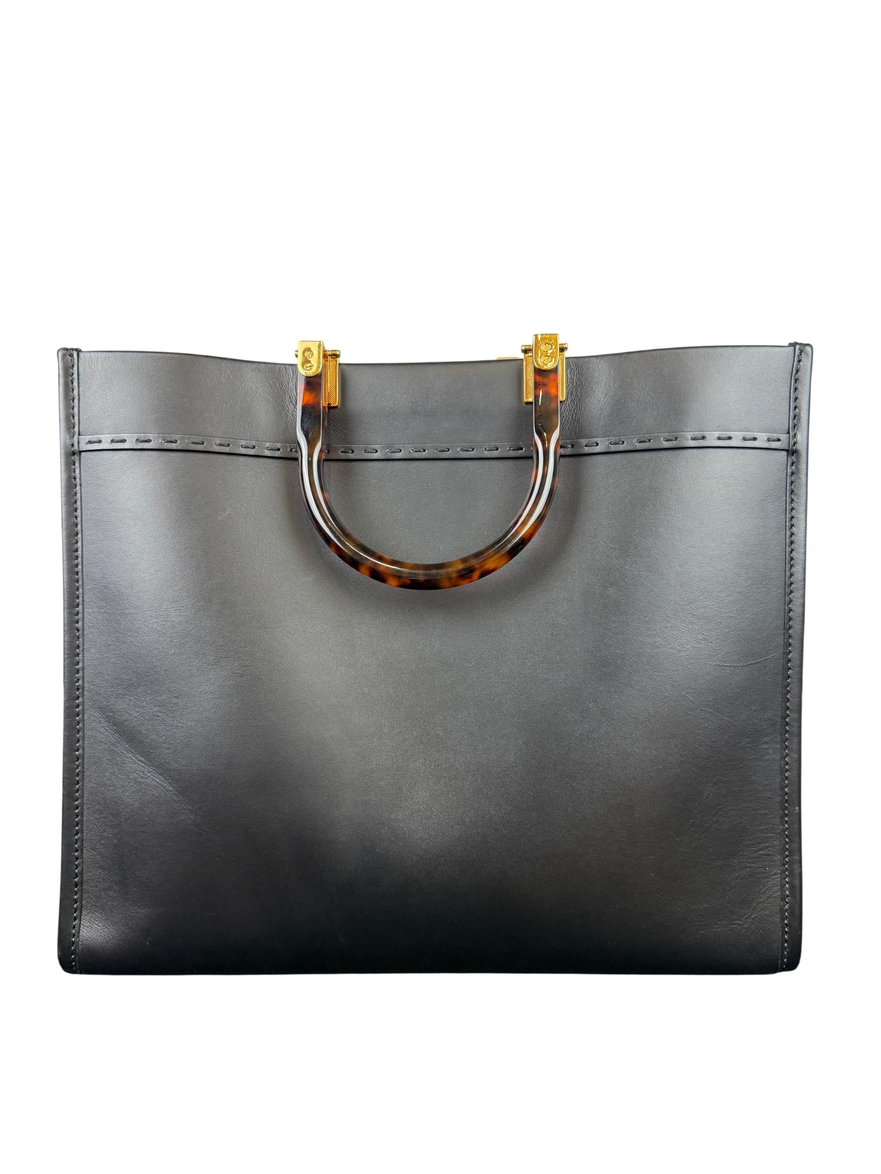 Fendi Sunshine Medium Black Calfskin Leather Tote Bag with Tortoise Shell Handle