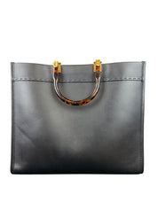 Fendi Sunshine Medium Black Calfskin Leather Tote Bag with Tortoise Shell Handle