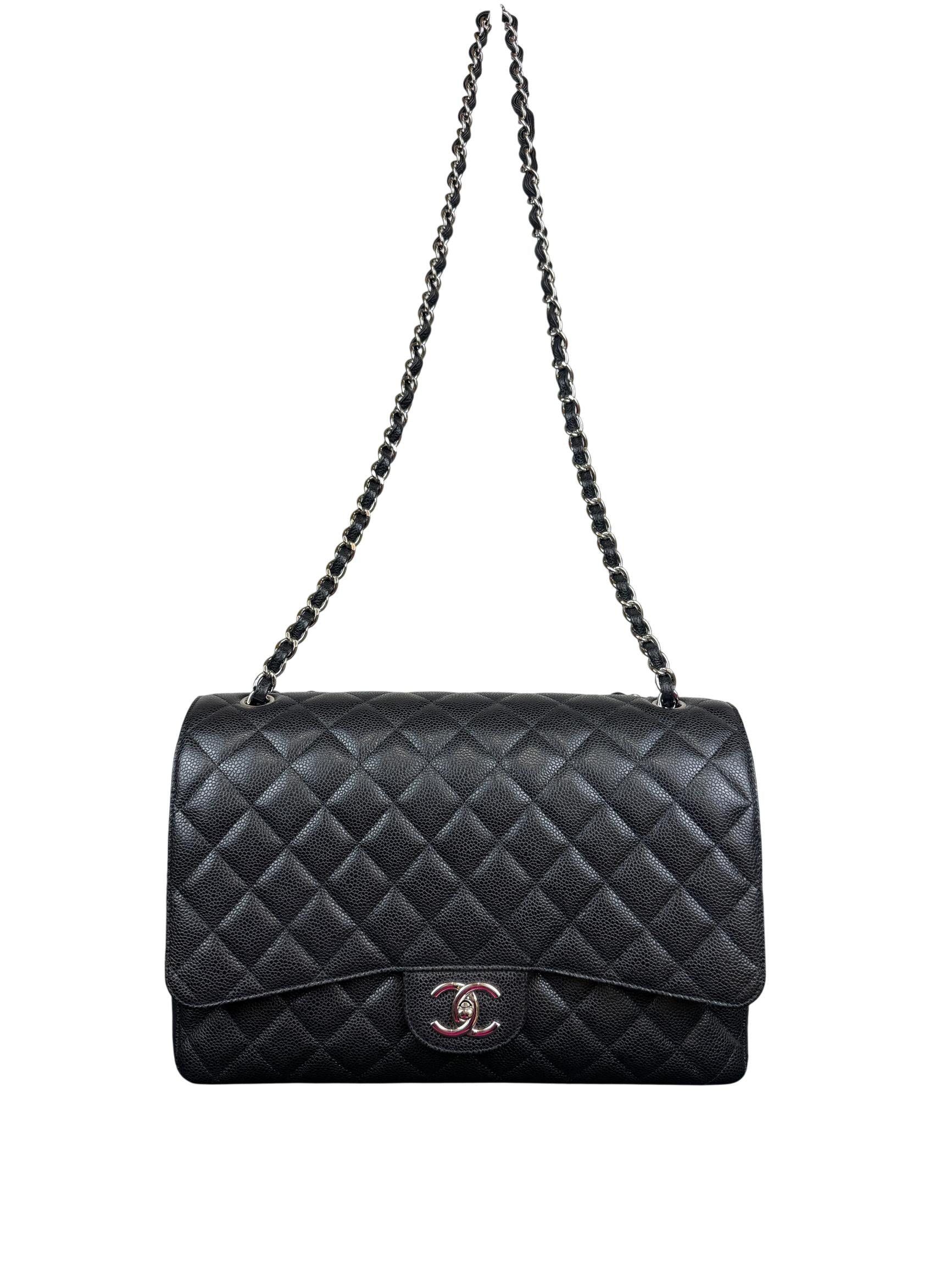 Chanel Classic Double Flap Jumbo Black Quilted Caviar Silver Hardware