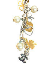 CC Logos Clover Heart Pearl Dangle Earrings, Silver & Gold Mixed Charms Chanel Metal, Faux Pearl