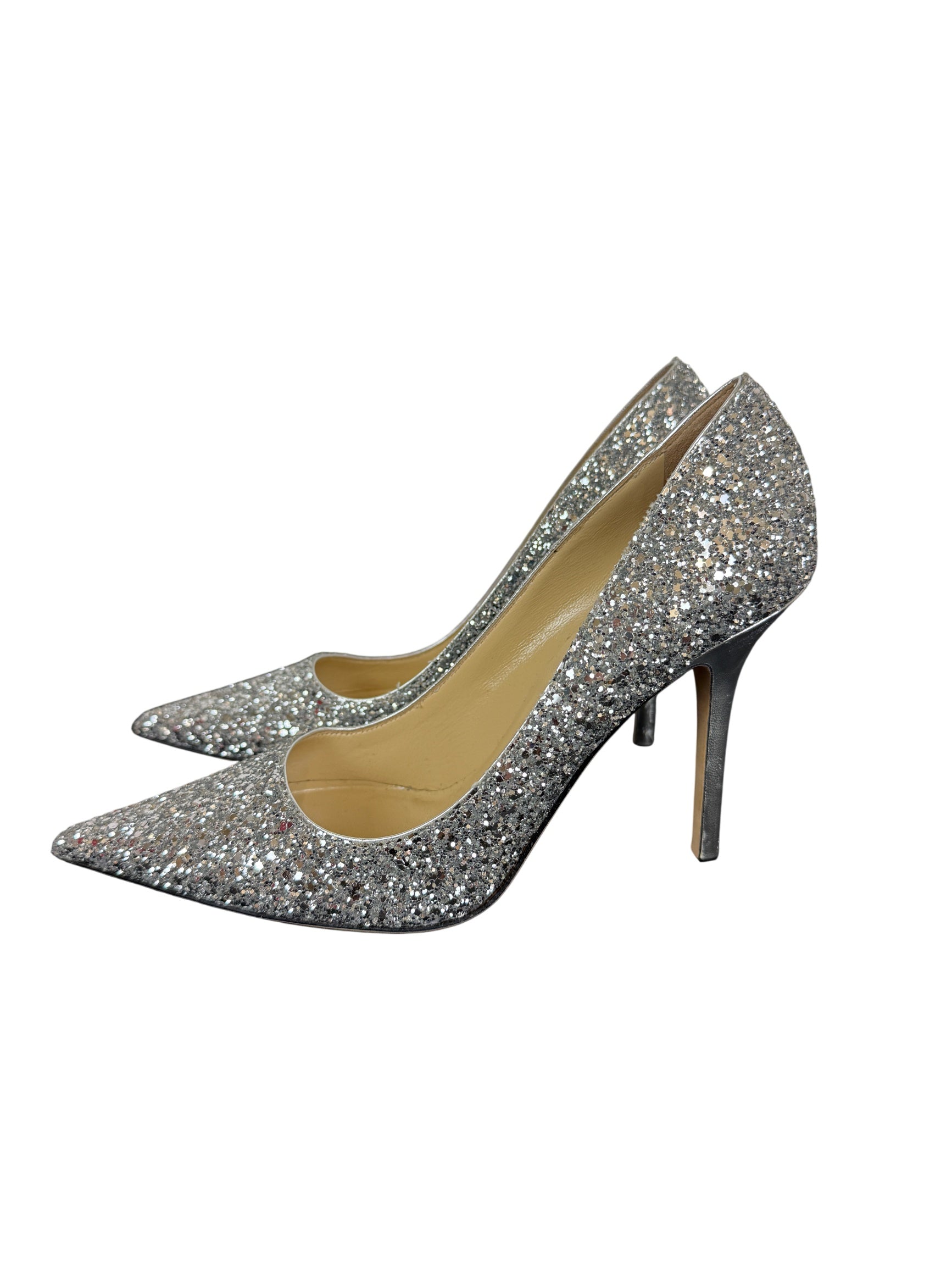 Jimmy Choo Romy Silver Glitter High Heeled Pumps
