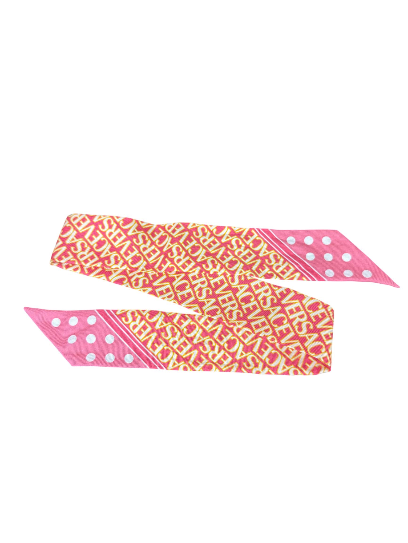 Versace Pink and Yellow Silk Twilly Scarf with White Polka Dot Ends