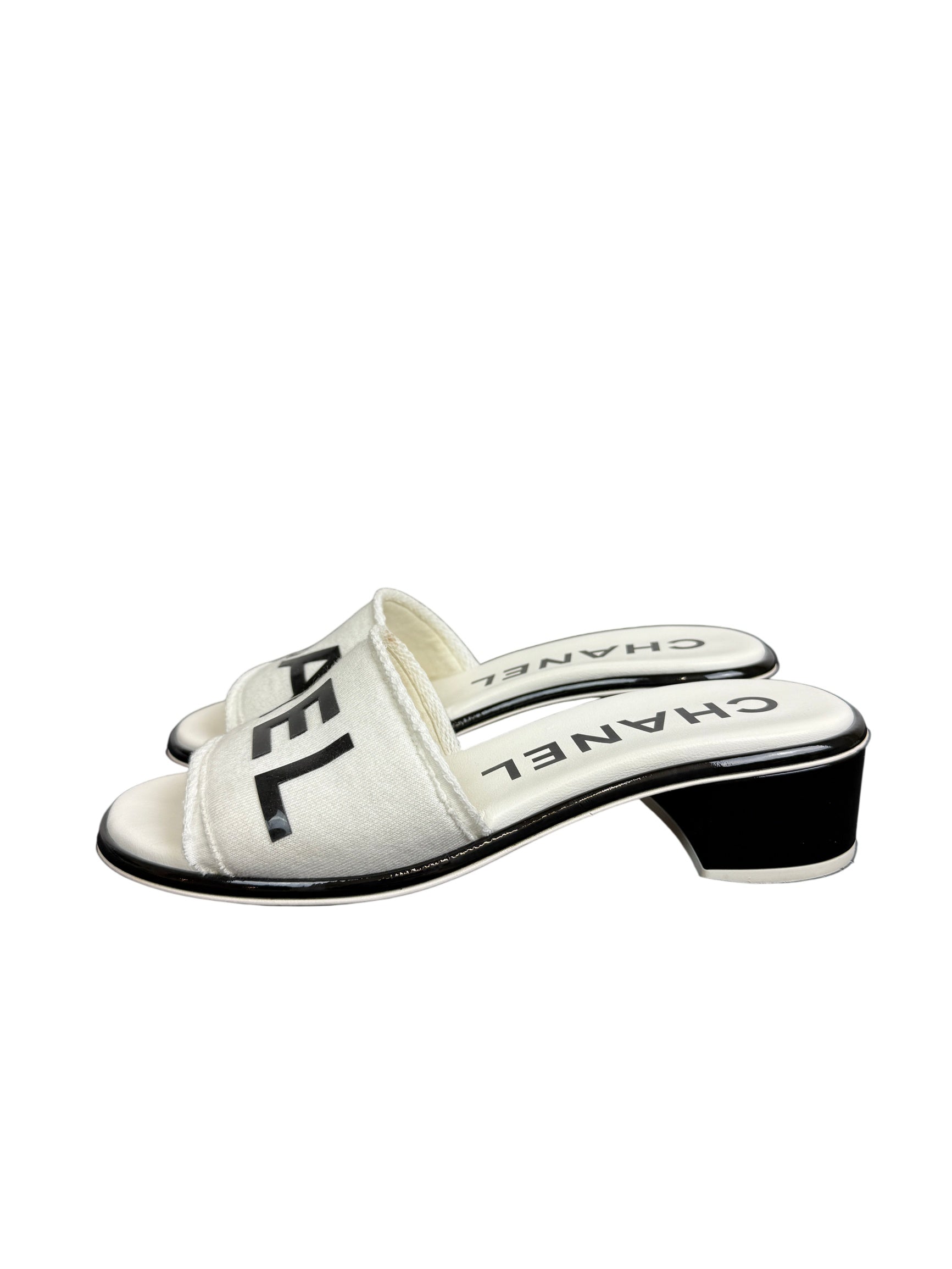 Chanel 24C White & Black Logo Mule Slide Sandals