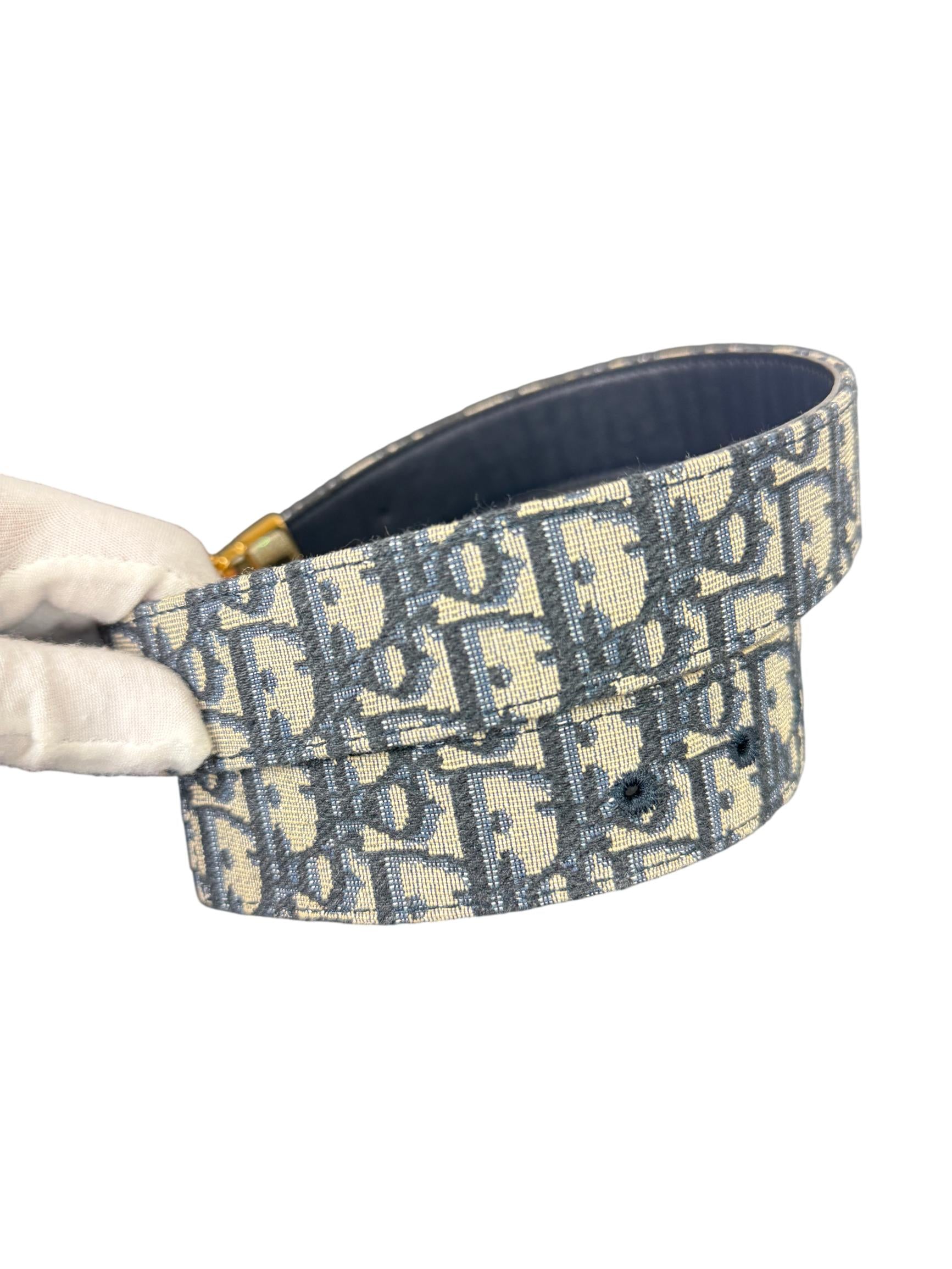 Christian Dior Oblique 35mm Reversible Belt Blue Jacquard with Gold Buckle