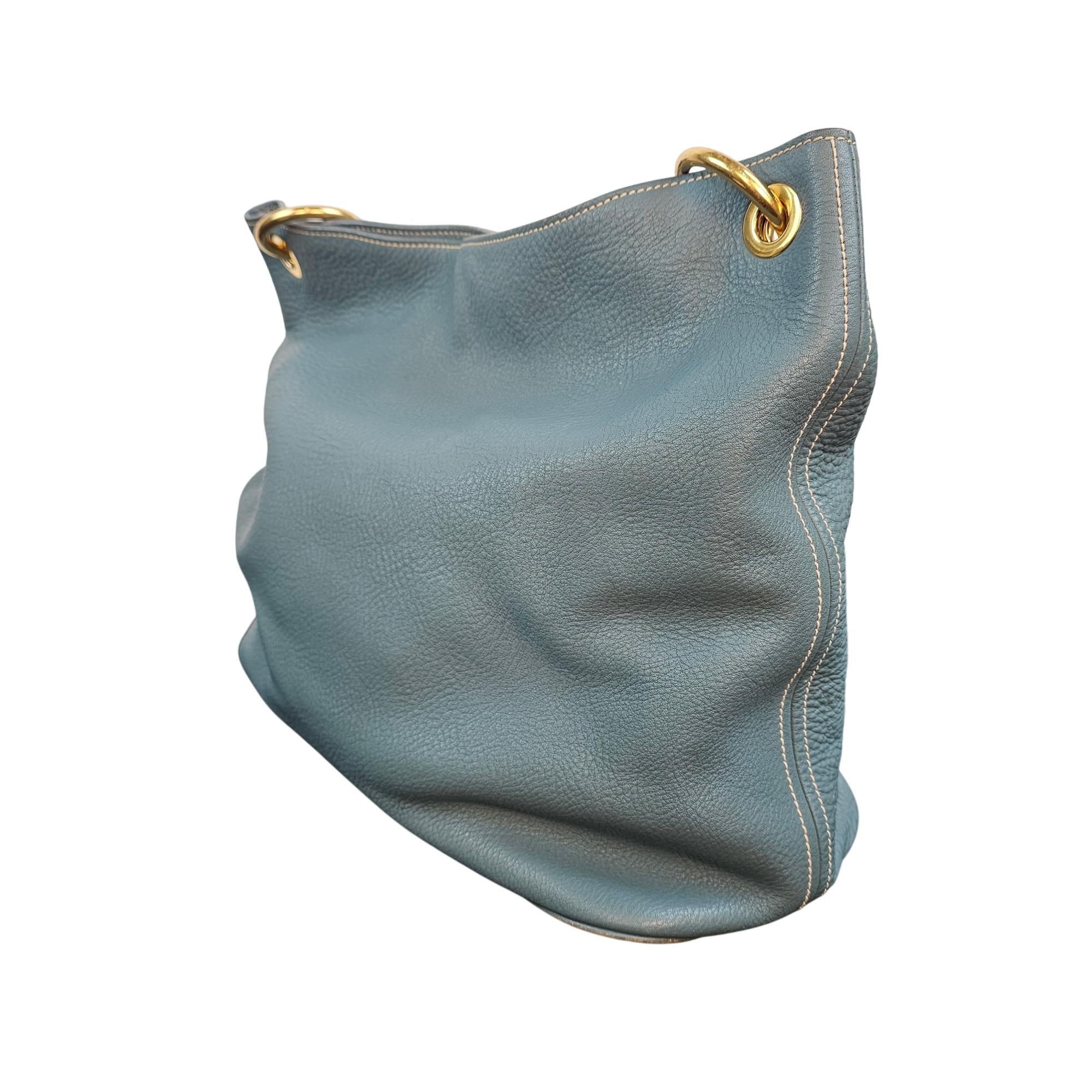 Prada Vitello Daino Hobo Bag Blue Leather Gold Hardware