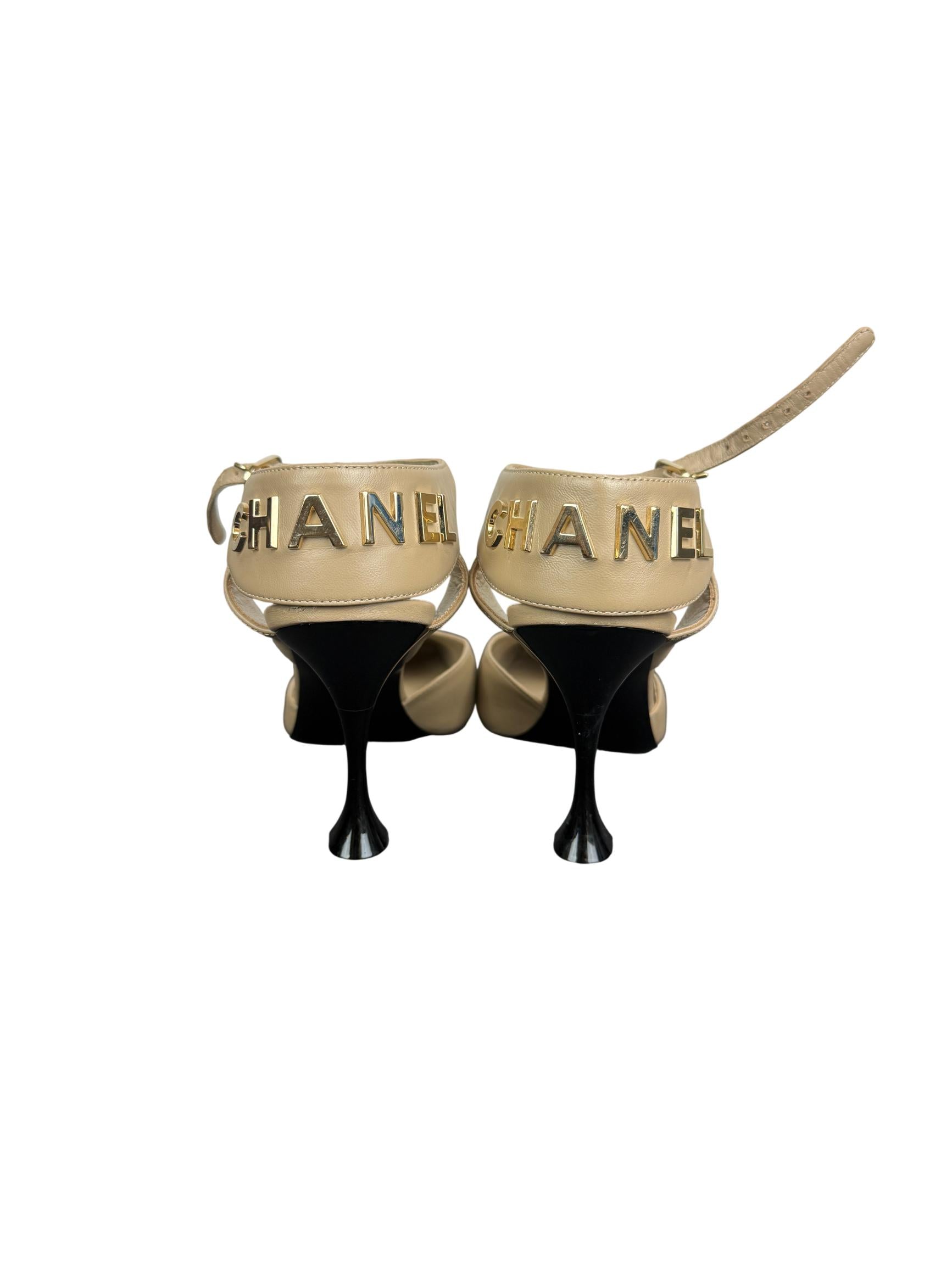Chanel Beige & Black Leather Cap-Toe Slingback Heels with Gold Logo