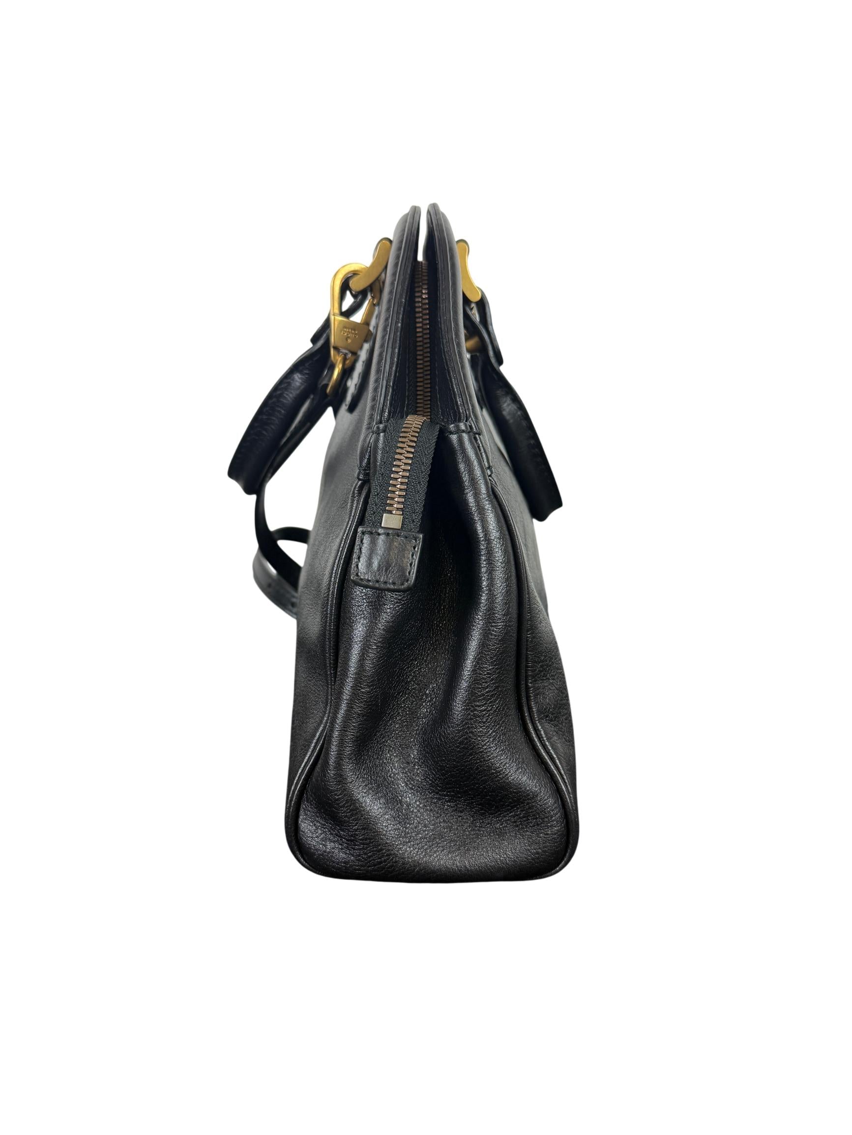 Gucci Re Belle Medium Top Handle Bag Black Leather with Gold Tiger Head Hardware