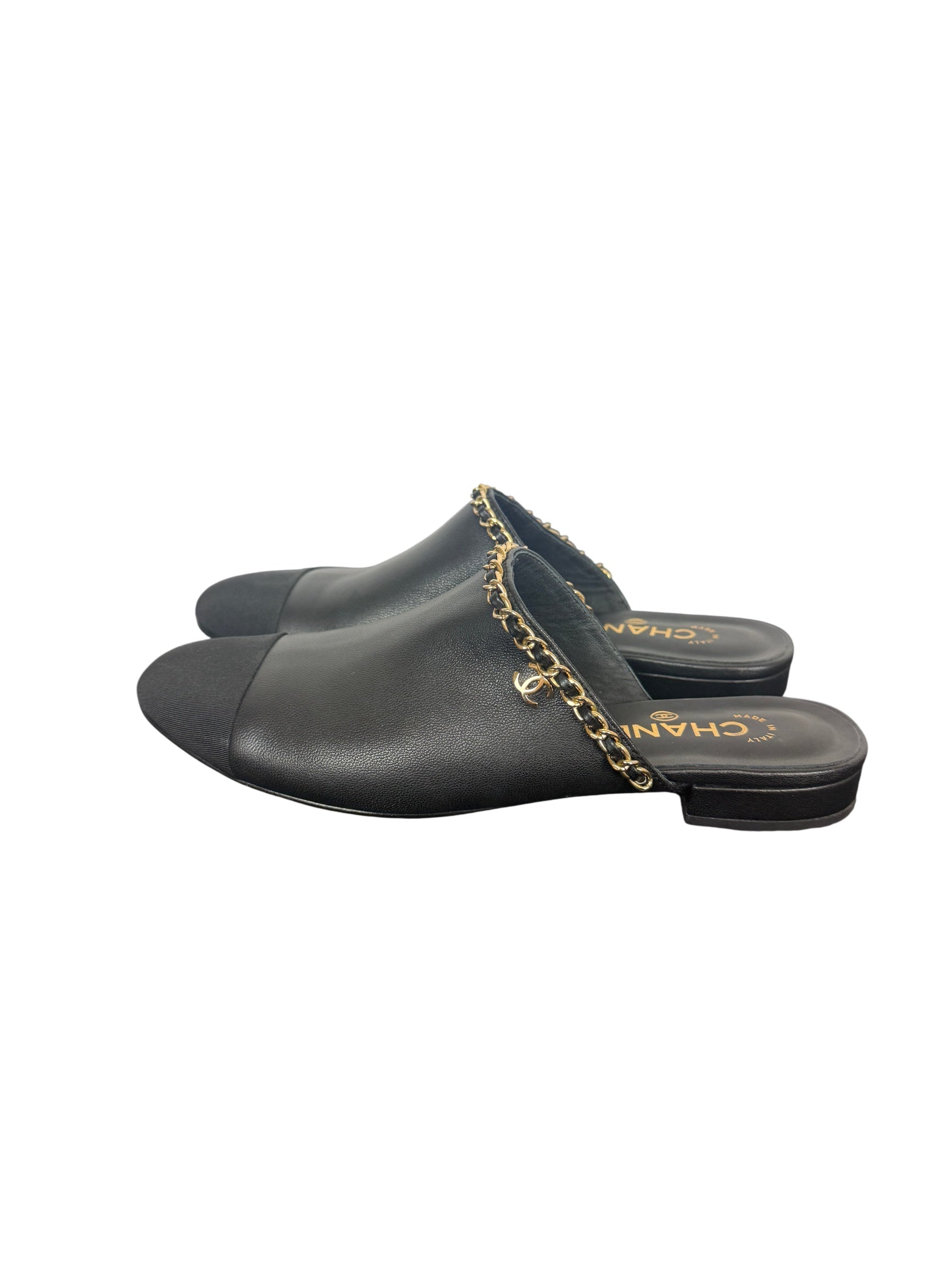 Chanel Black Leather Mules with Gold Chain and CC Logo