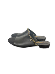 Chanel Black Leather Mules with Gold Chain and CC Logo