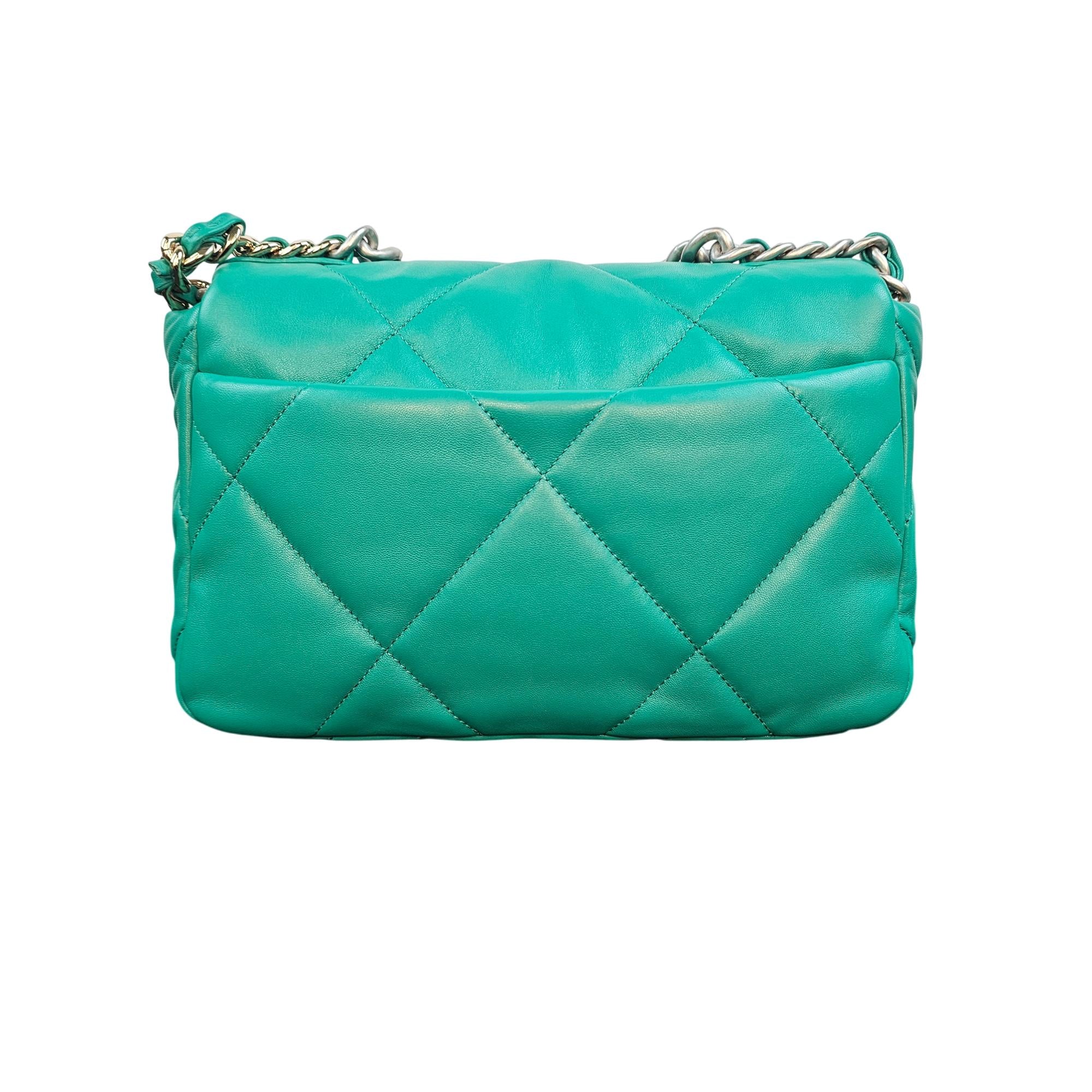 Chanel 19 Green Lambskin Small Flap Bag with Multi-Tone Chain