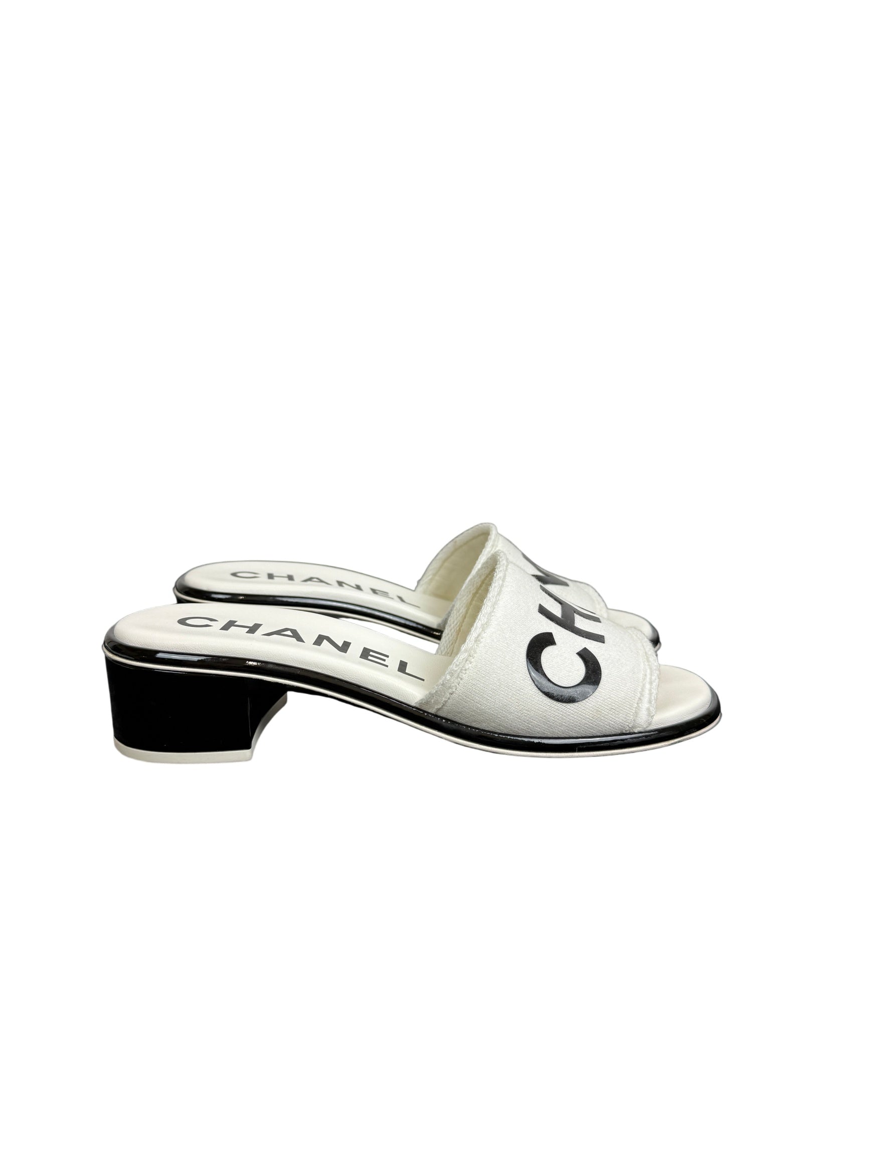 Chanel 24C White & Black Logo Mule Slide Sandals
