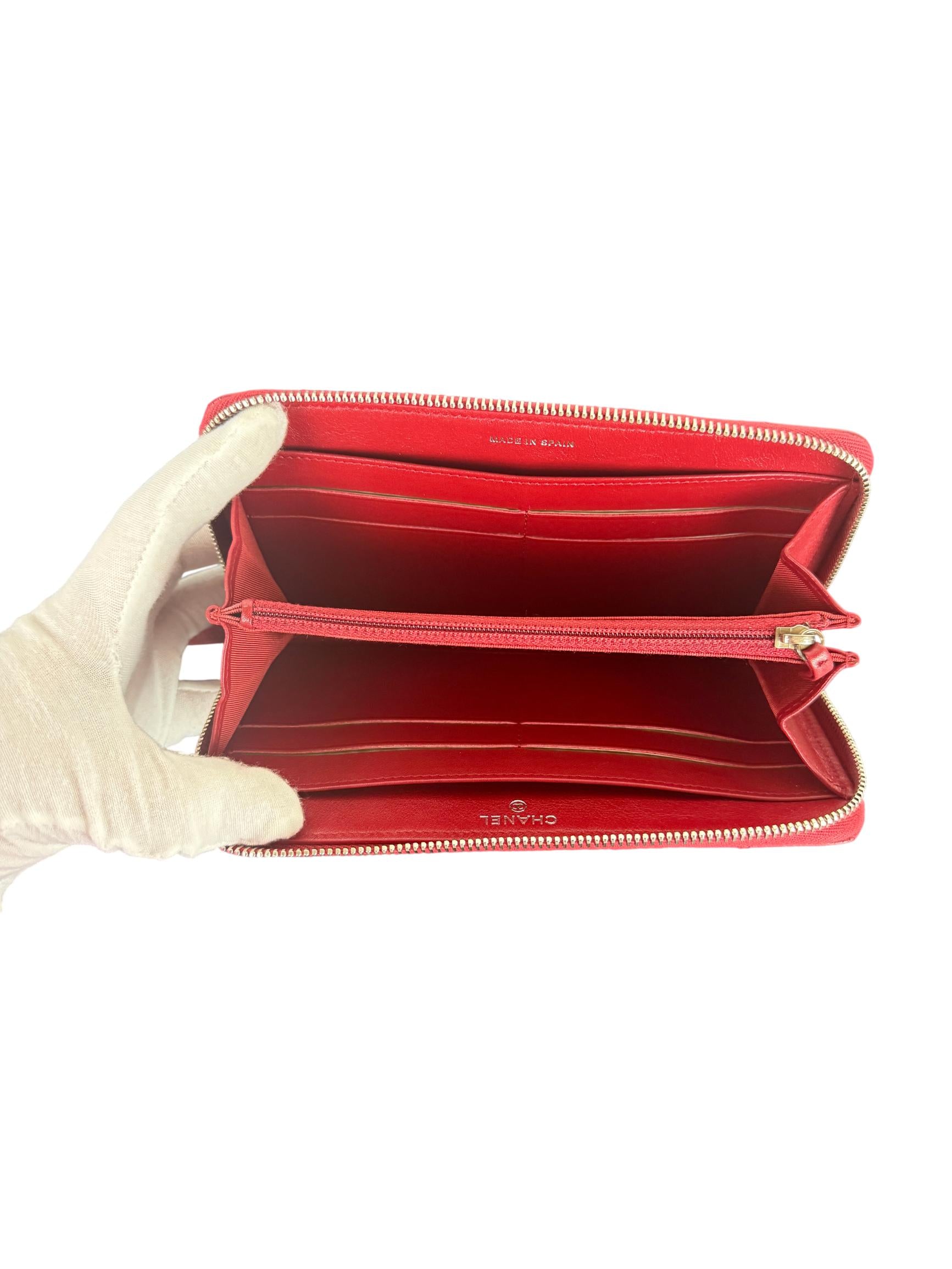 Chanel Classic Long Zipped Wallet in Red Quilted Caviar Leather