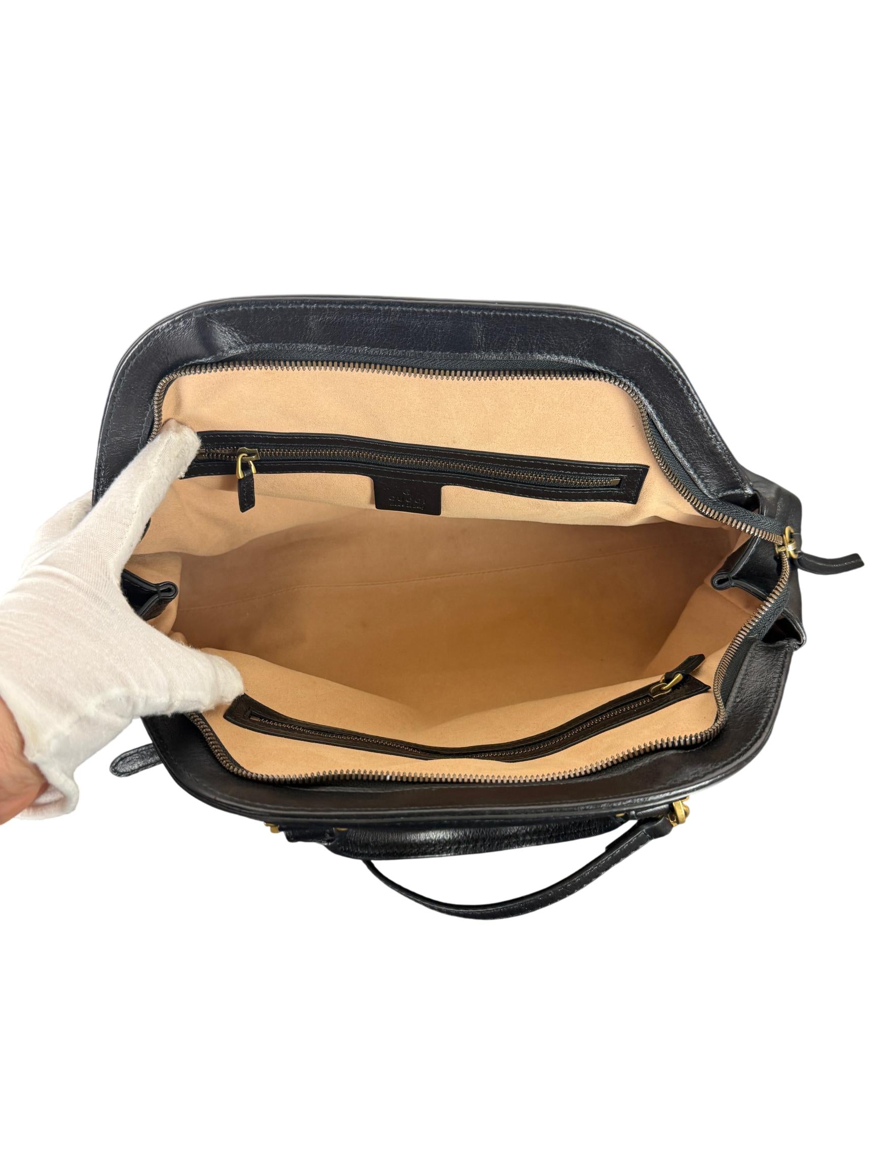 Gucci Re Belle Medium Top Handle Bag Black Leather with Gold Tiger Head Hardware