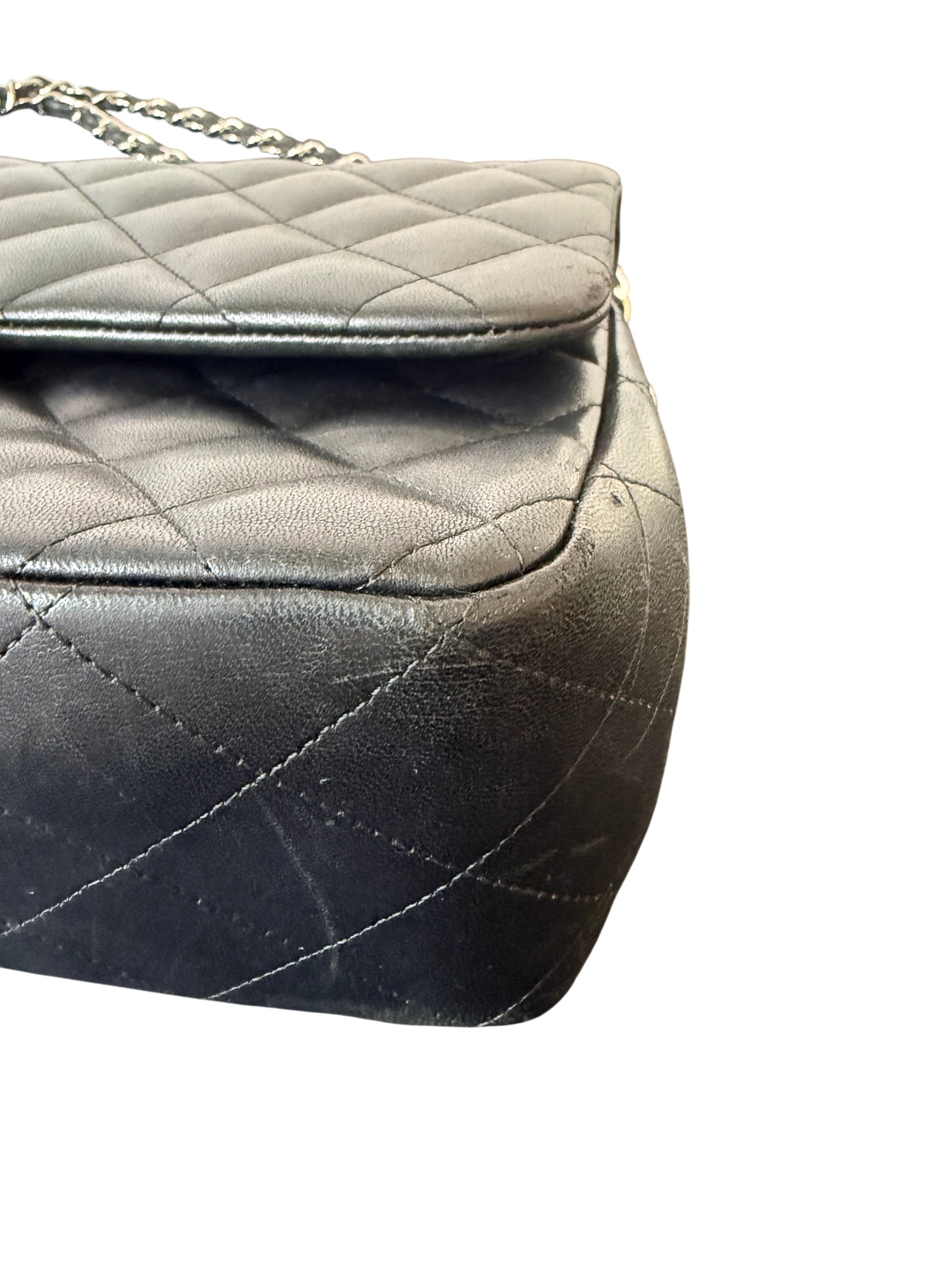 Chanel Black Quilted Jumbo Double Flap Bag with Silver Chain