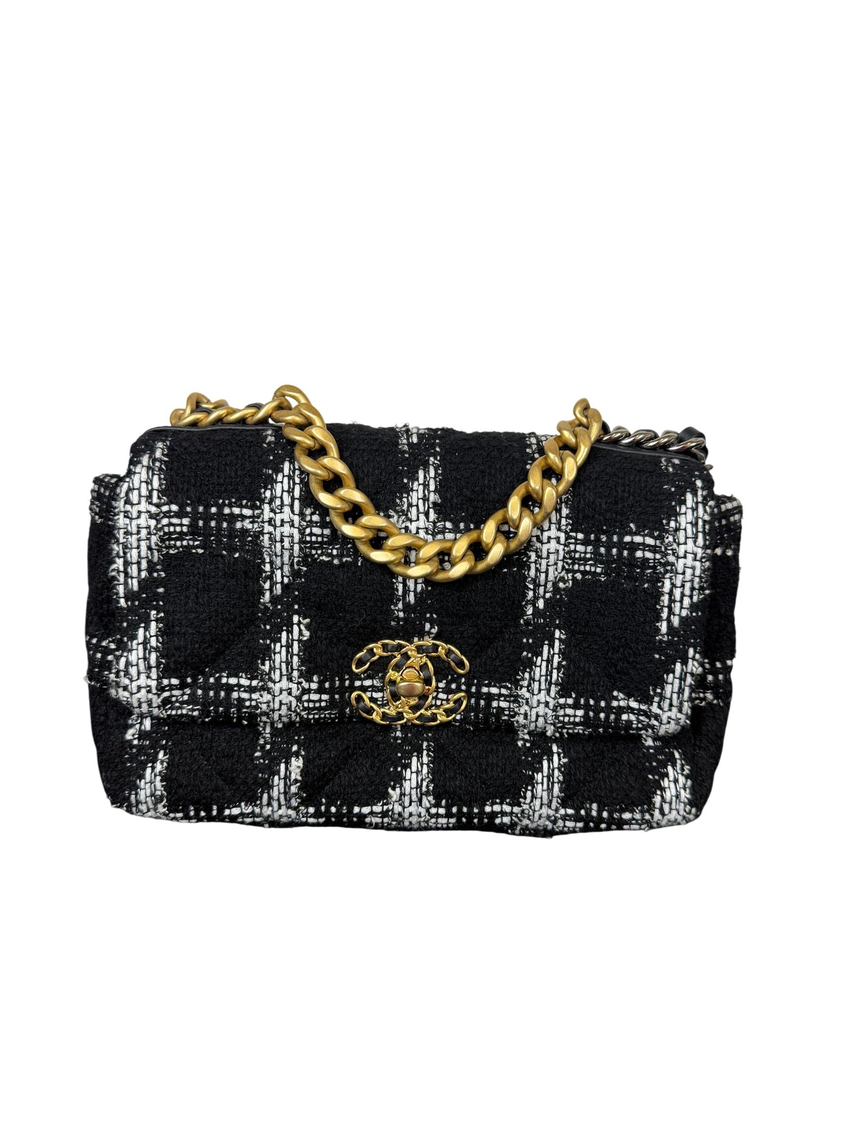 Chanel 19 Black and White Tweed Flap Bag with Mixed Metal Chain
