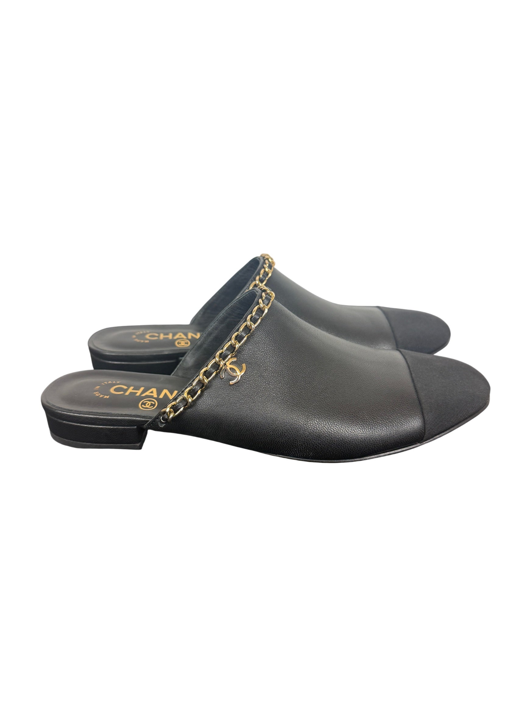 Chanel Black Leather Mules with Gold Chain and CC Logo