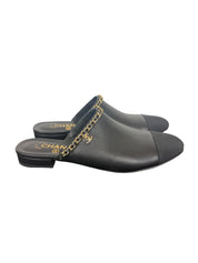 Chanel Black Leather Mules with Gold Chain and CC Logo