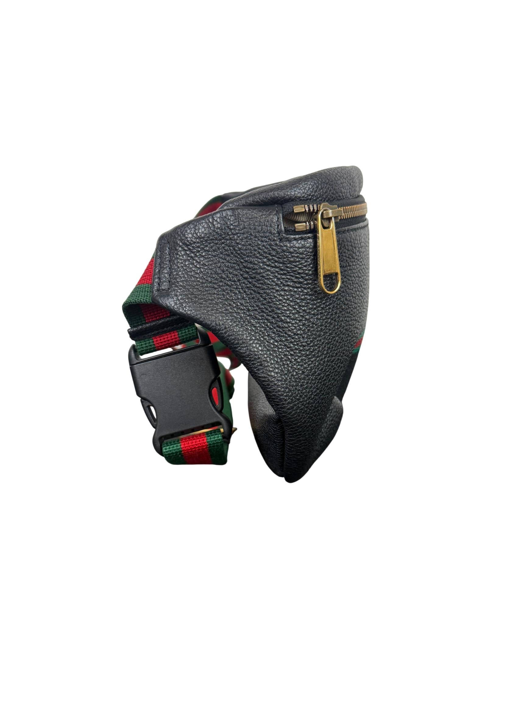 Gucci Black Leather Logo Belt Bag with Web Stripe