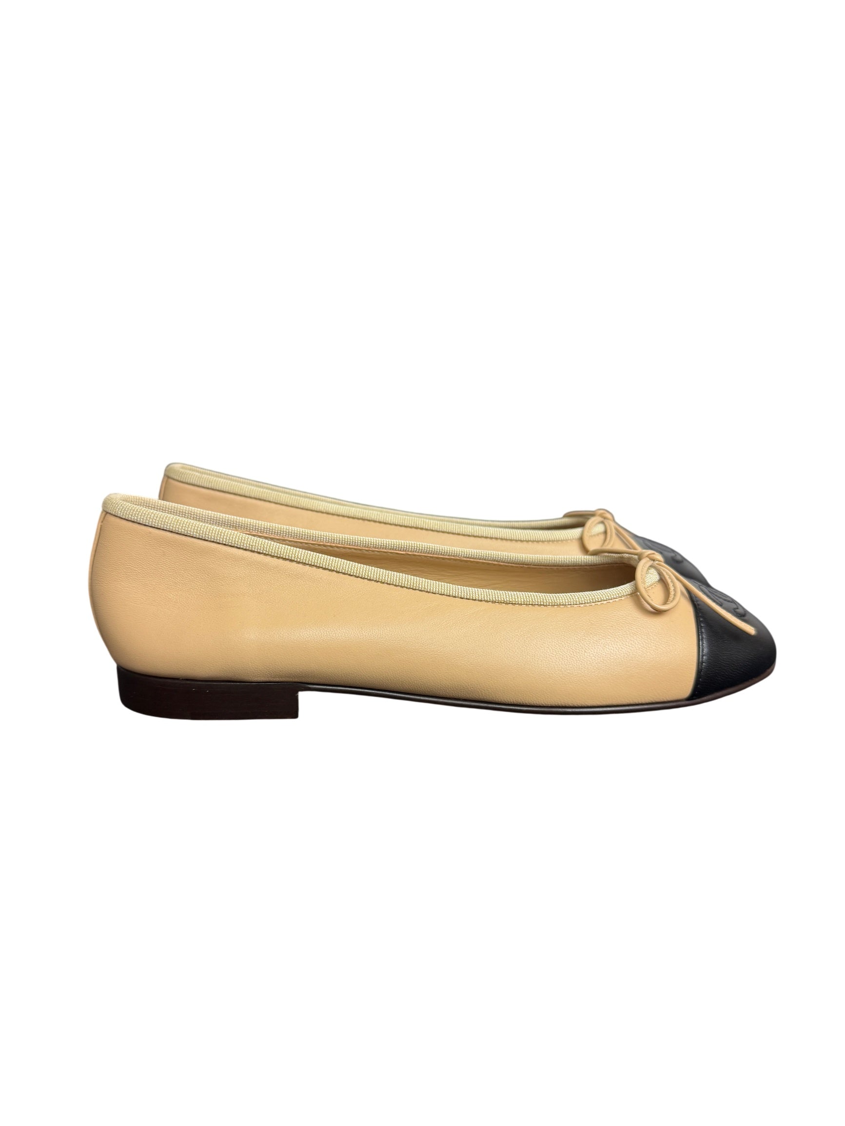 Chanel Beige and Black Lambskin Cap Toe CC Ballerina Flats
