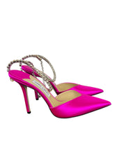 Jimmy Choo Saeda 100 Fuchsia Pink Satin Crystal Embellished Pointed Toe Heels