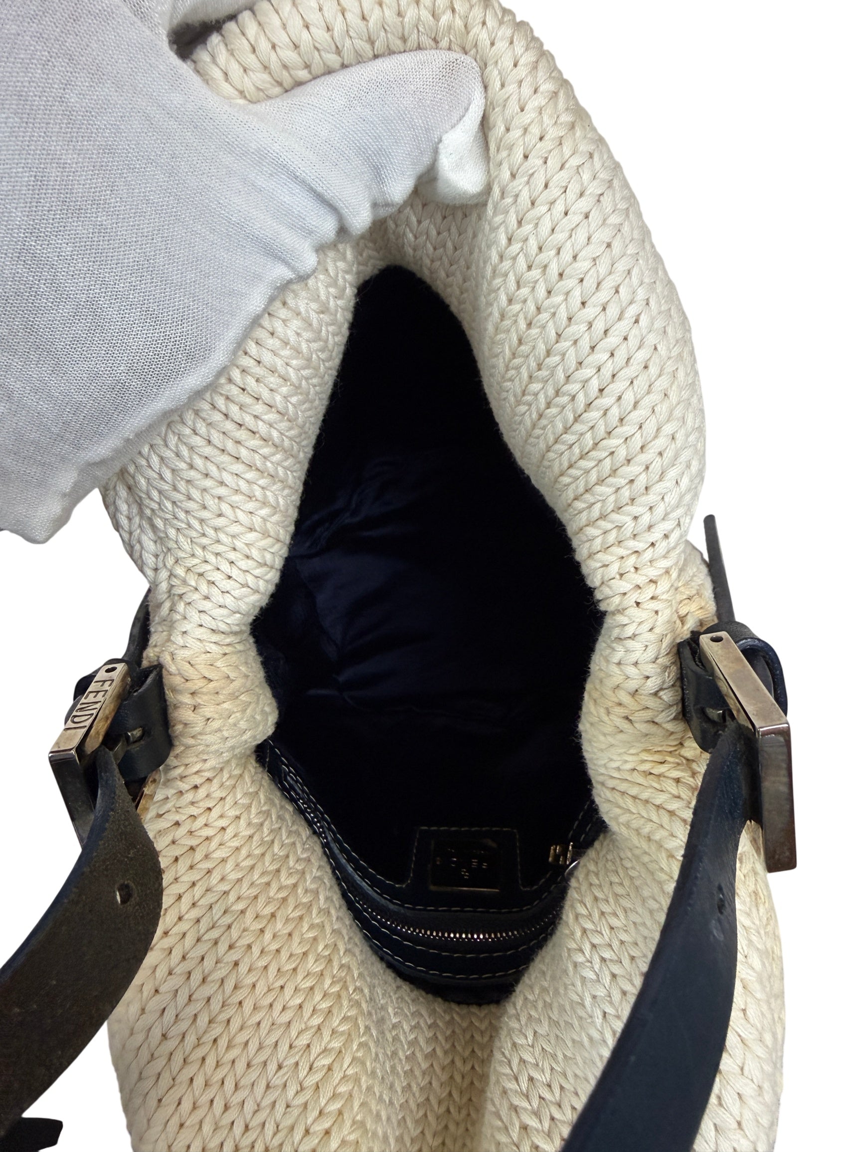 Vintage Fendi White Knitted Bag with Navy Blue Strap