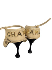 Chanel Beige & Black Leather Cap-Toe Slingback Heels with Gold Logo