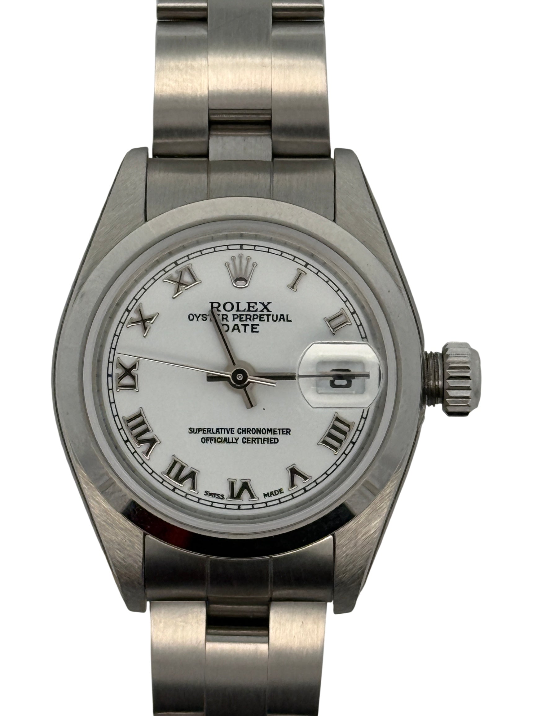 Rolex Oyster Perpetual Date 26 MM Silver Roman Dial Watch Stainless Steel White Dial