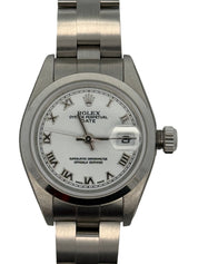 Rolex Oyster Perpetual Date 26 MM Silver Roman Dial Watch Stainless Steel White Dial