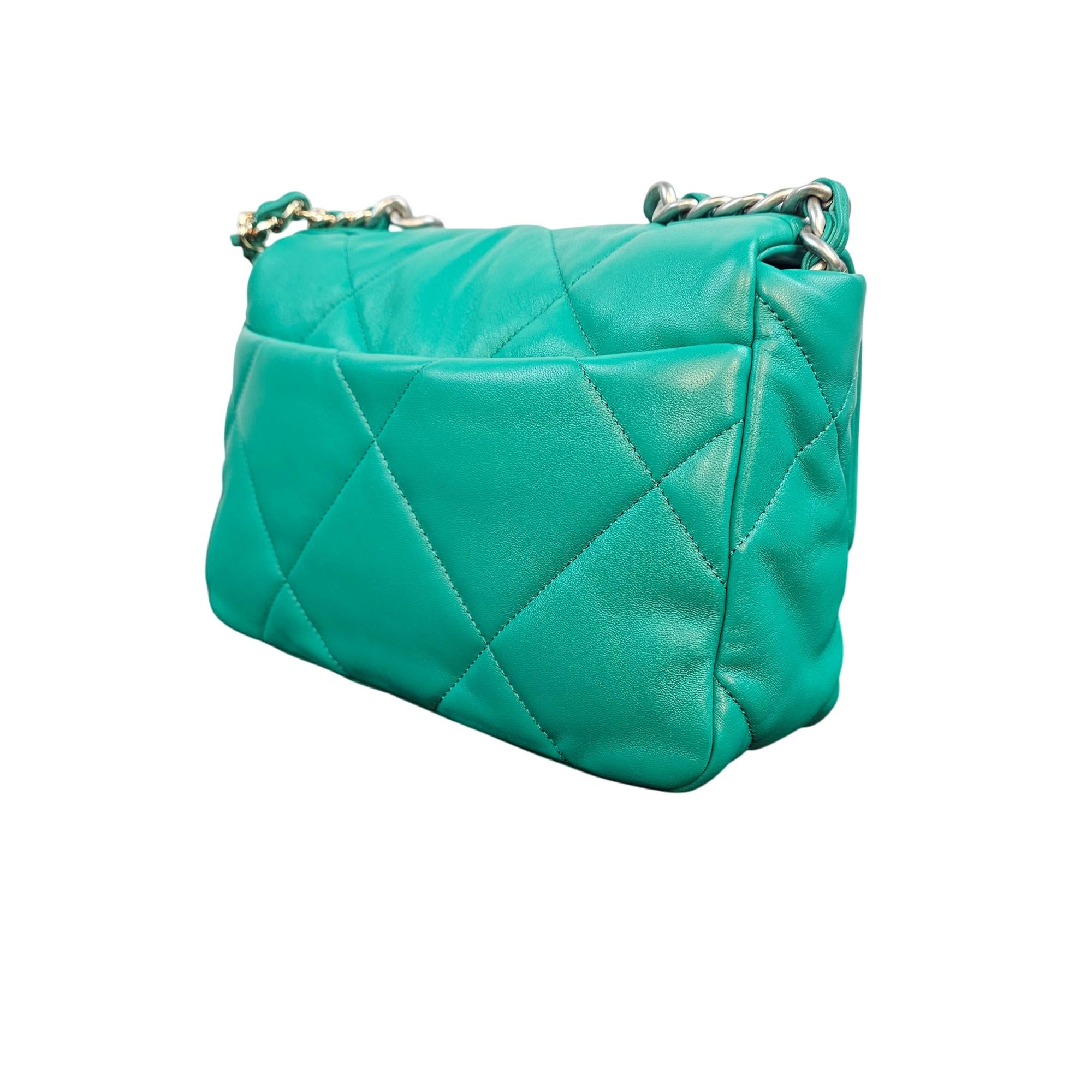 Chanel 19 Green Lambskin Small Flap Bag with Multi-Tone Chain